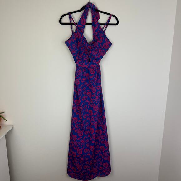 NWT Cupshe Womens Cutout Halter Tie Adjustable Floral Blue/Purple Maxi Dress XS - Picture 1 of 10